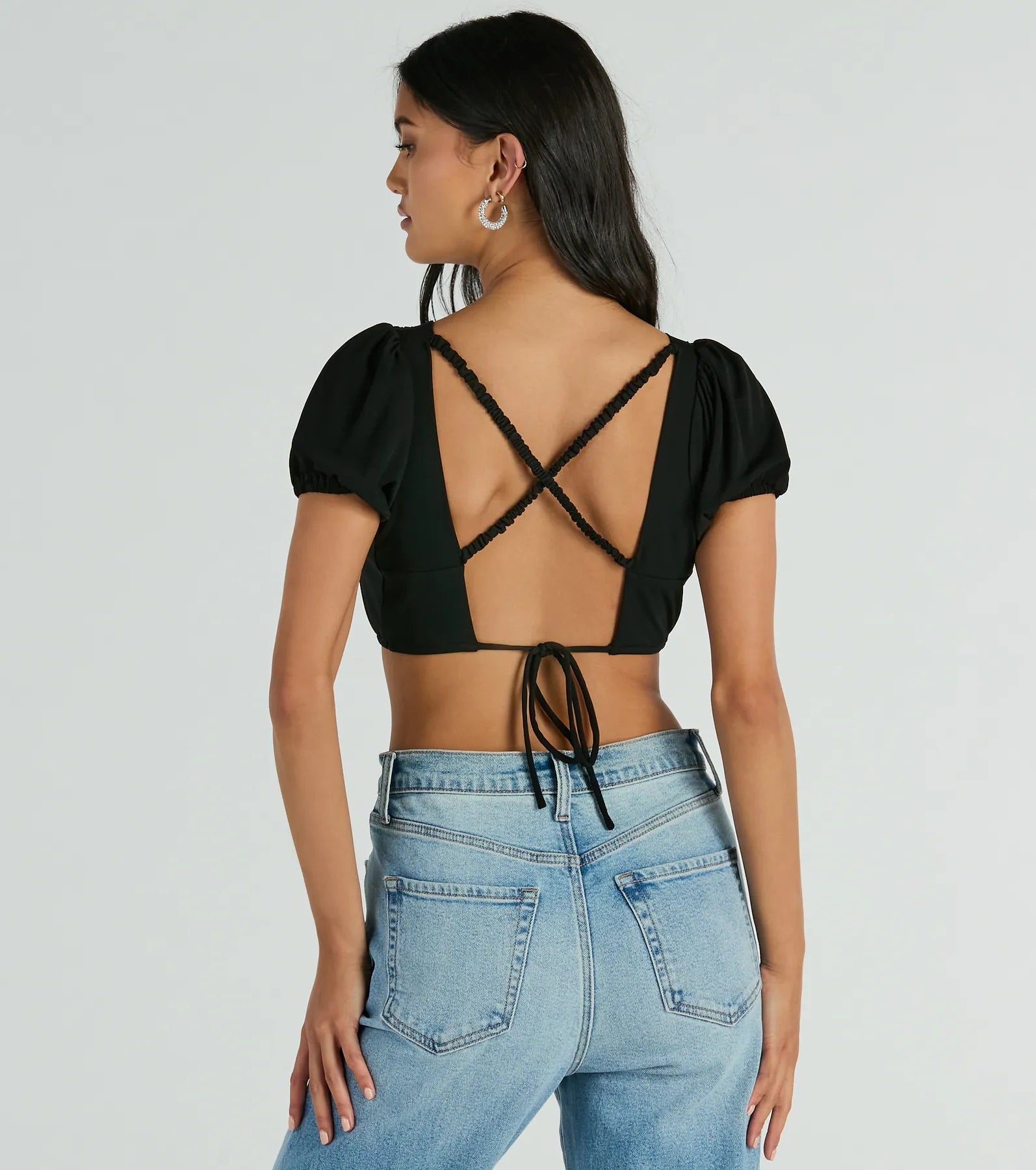 Adorable Allure Puff Sleeve Tie-Back Crop Top - Image 2