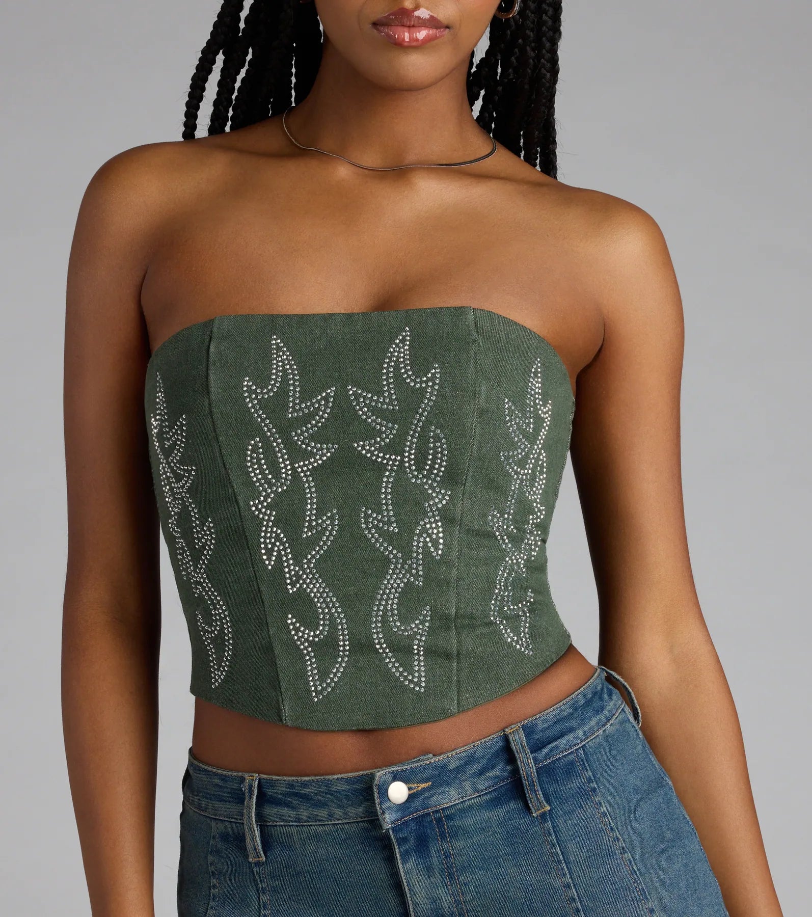 Glam Heat Rhinestone Flame Denim Corset Top - Image 4
