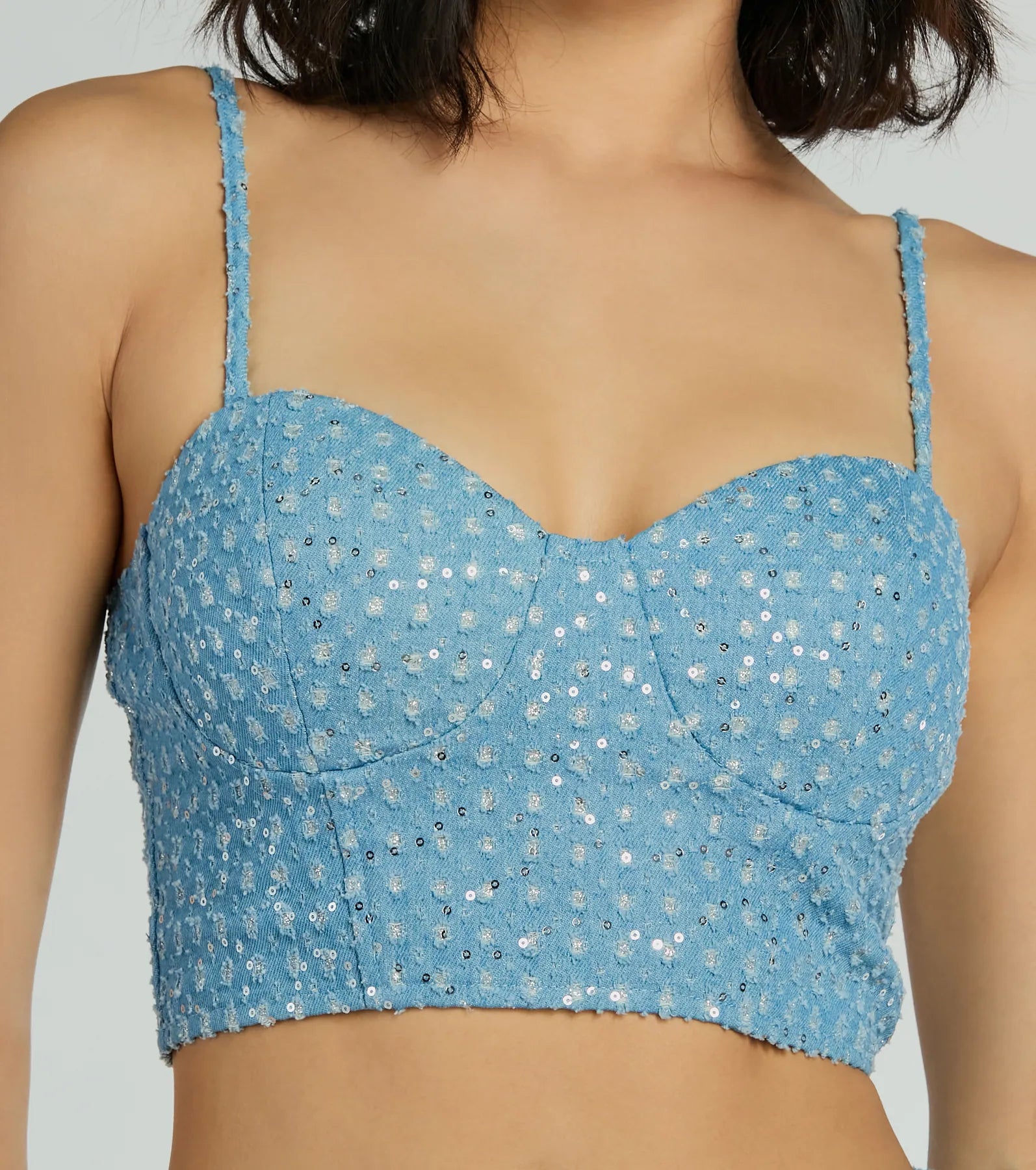 Feeling Flirty Sequin Glitter Denim Bustier Top - Image 4