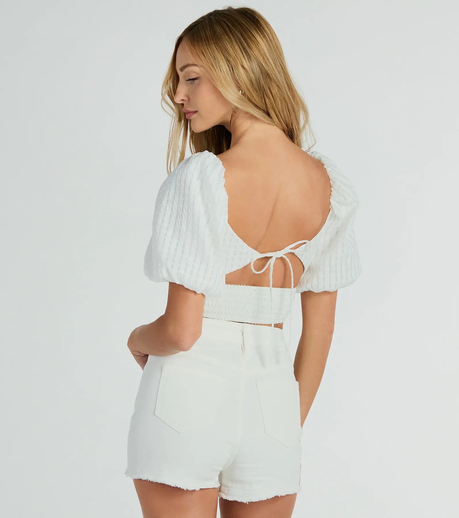 Check Me Out Puff Sleeve Cutout Gingham Crop Top - Image 2