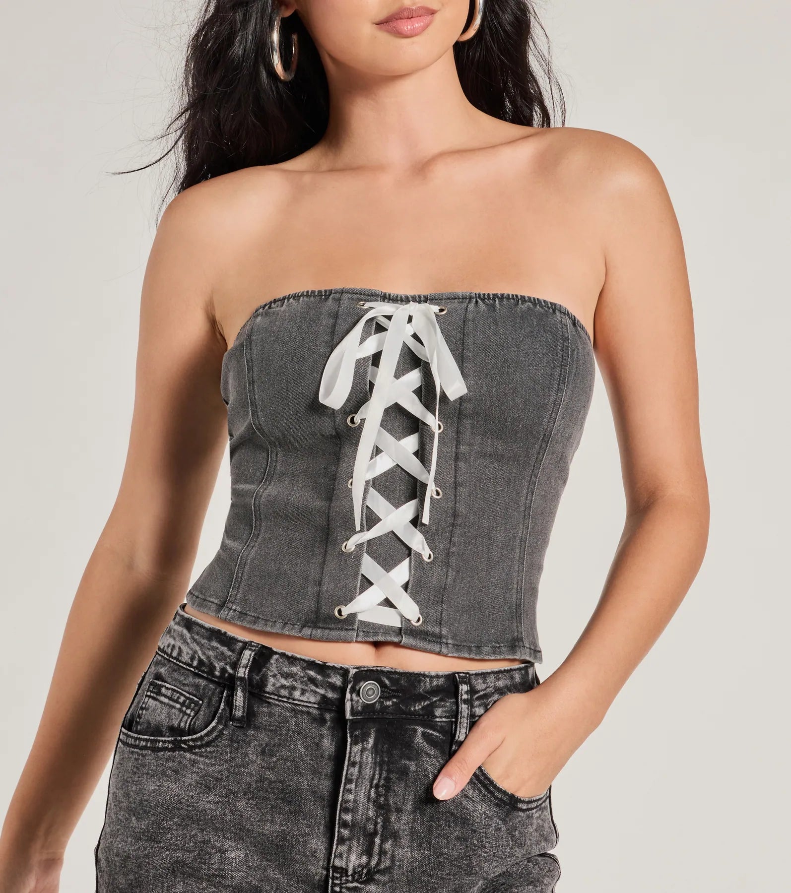 Impressed Much Strapless Lace-Up Denim Crop Top - Image 4