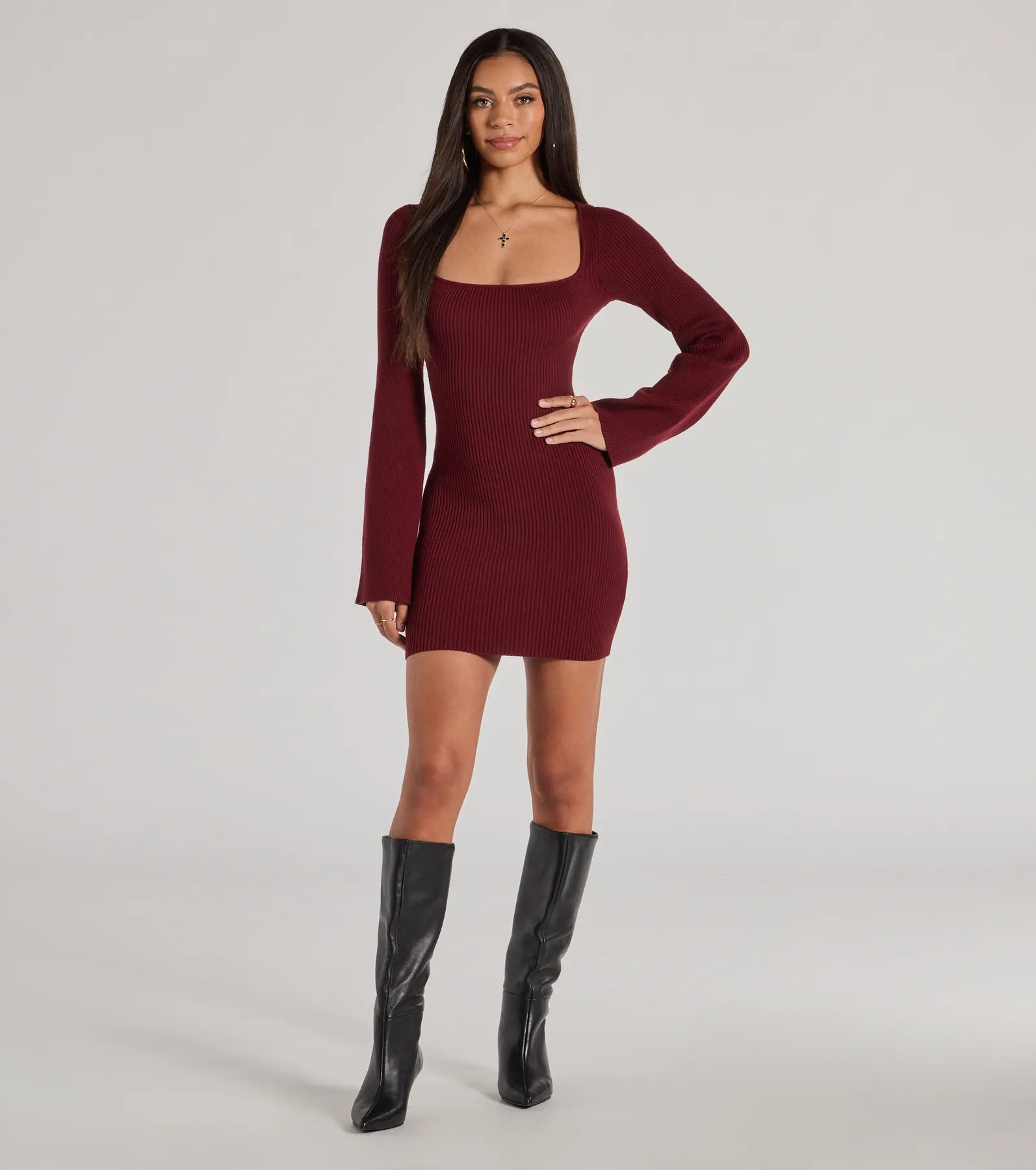 Seasonal Staple Ribbed Knit Bell Sleeve Mini Dress - Image 4