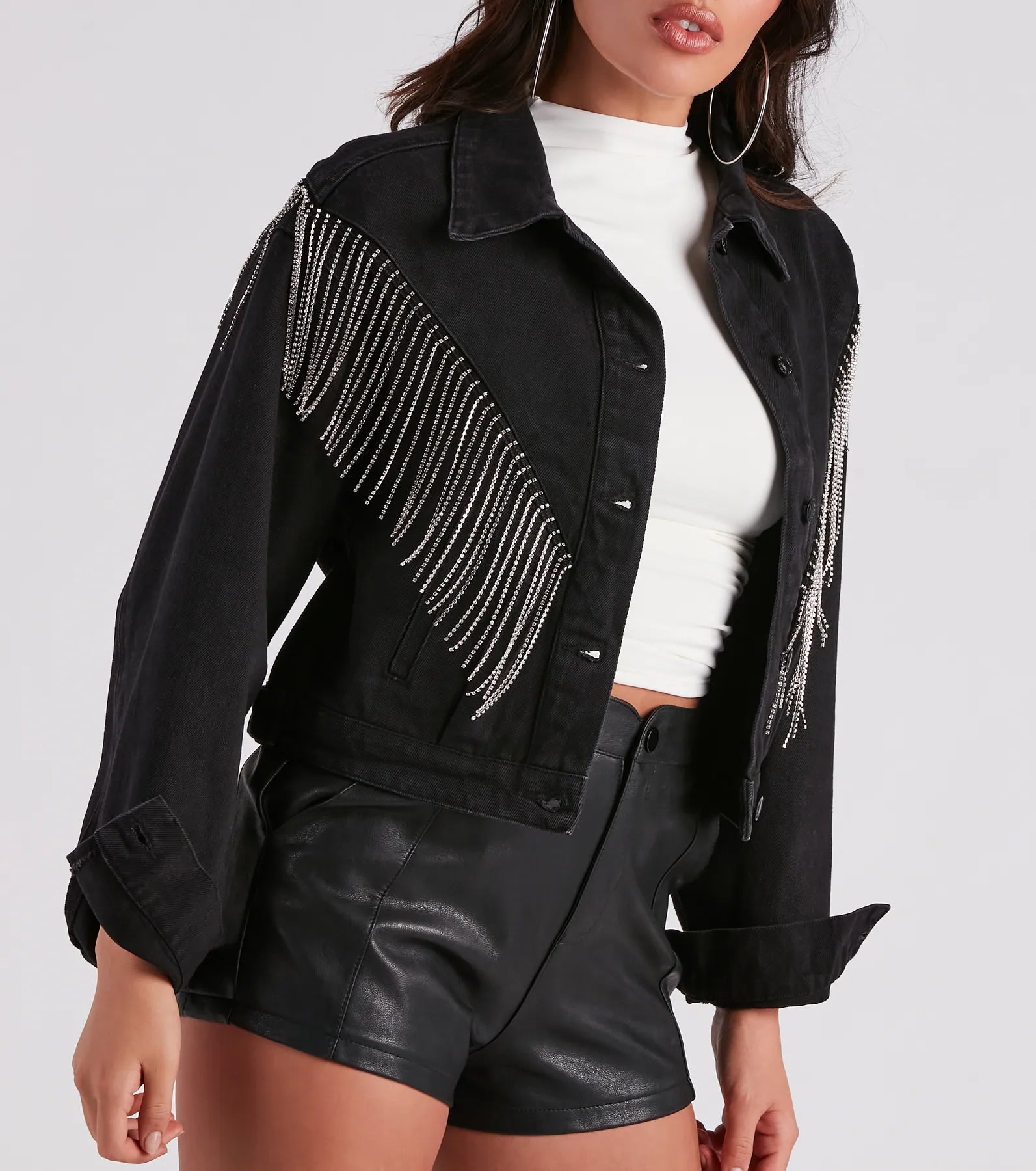 Rocker-Chic Rhinestone Fringe Denim Jacket - Image 9