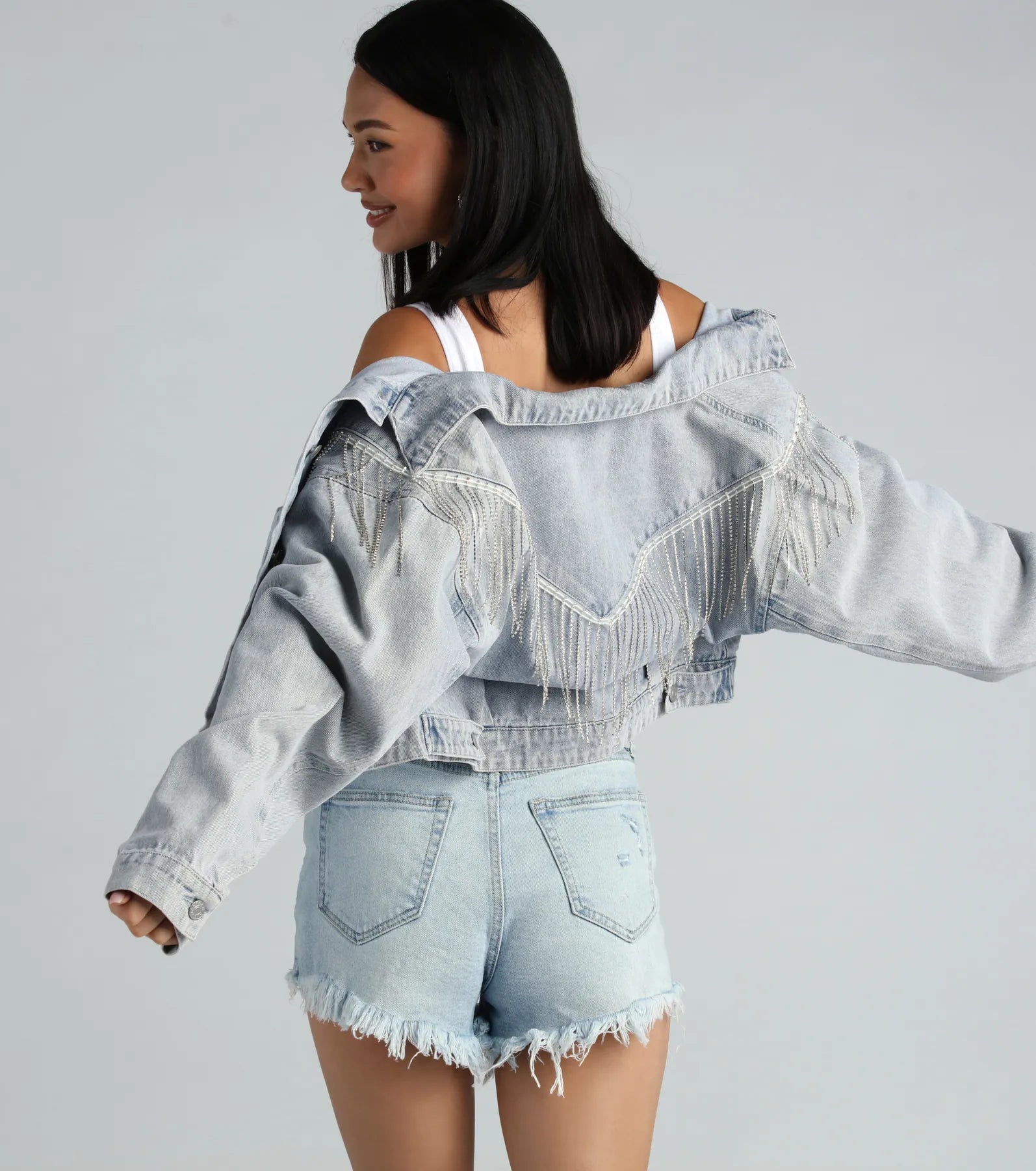 Rocker-Chic Rhinestone Fringe Denim Jacket - Image 10