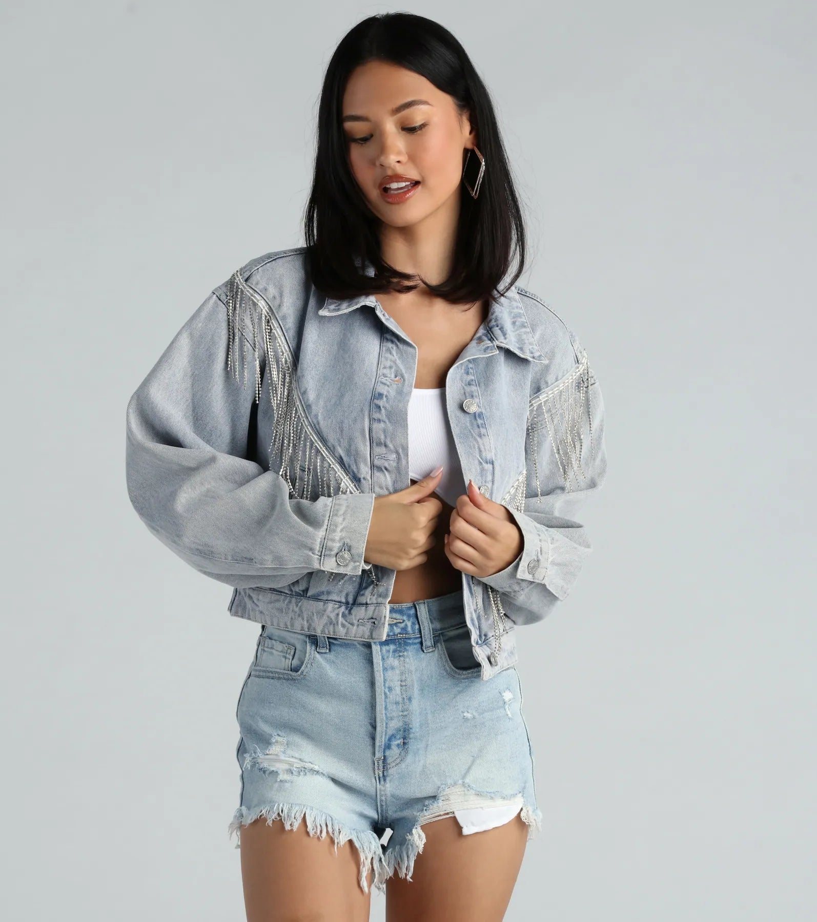 Rocker-Chic Rhinestone Fringe Denim Jacket - Image 11