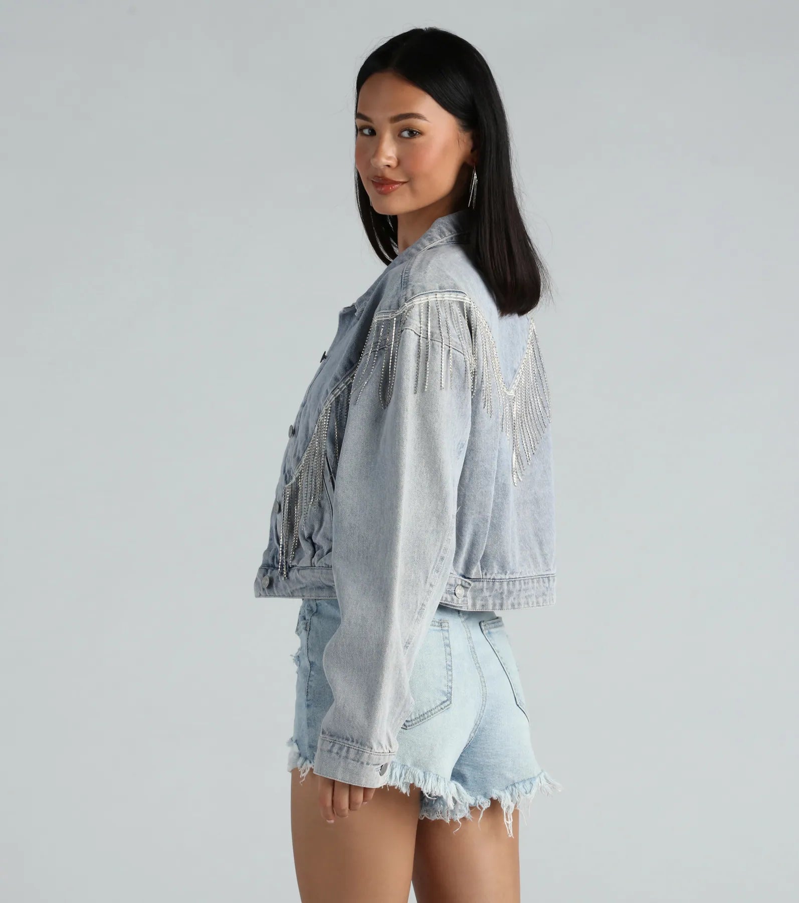 Rocker-Chic Rhinestone Fringe Denim Jacket - Image 13