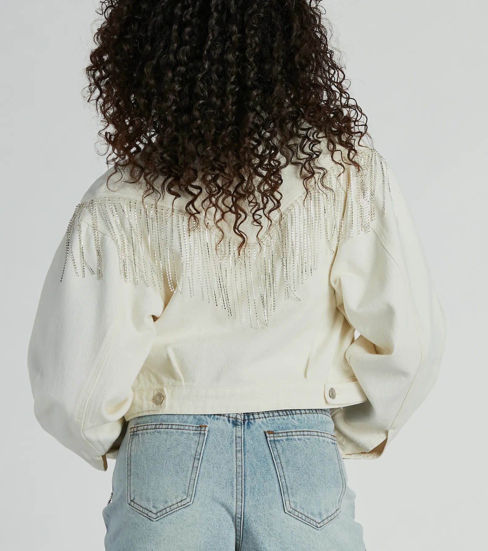 Rocker-Chic Rhinestone Fringe Denim Jacket - Image 3