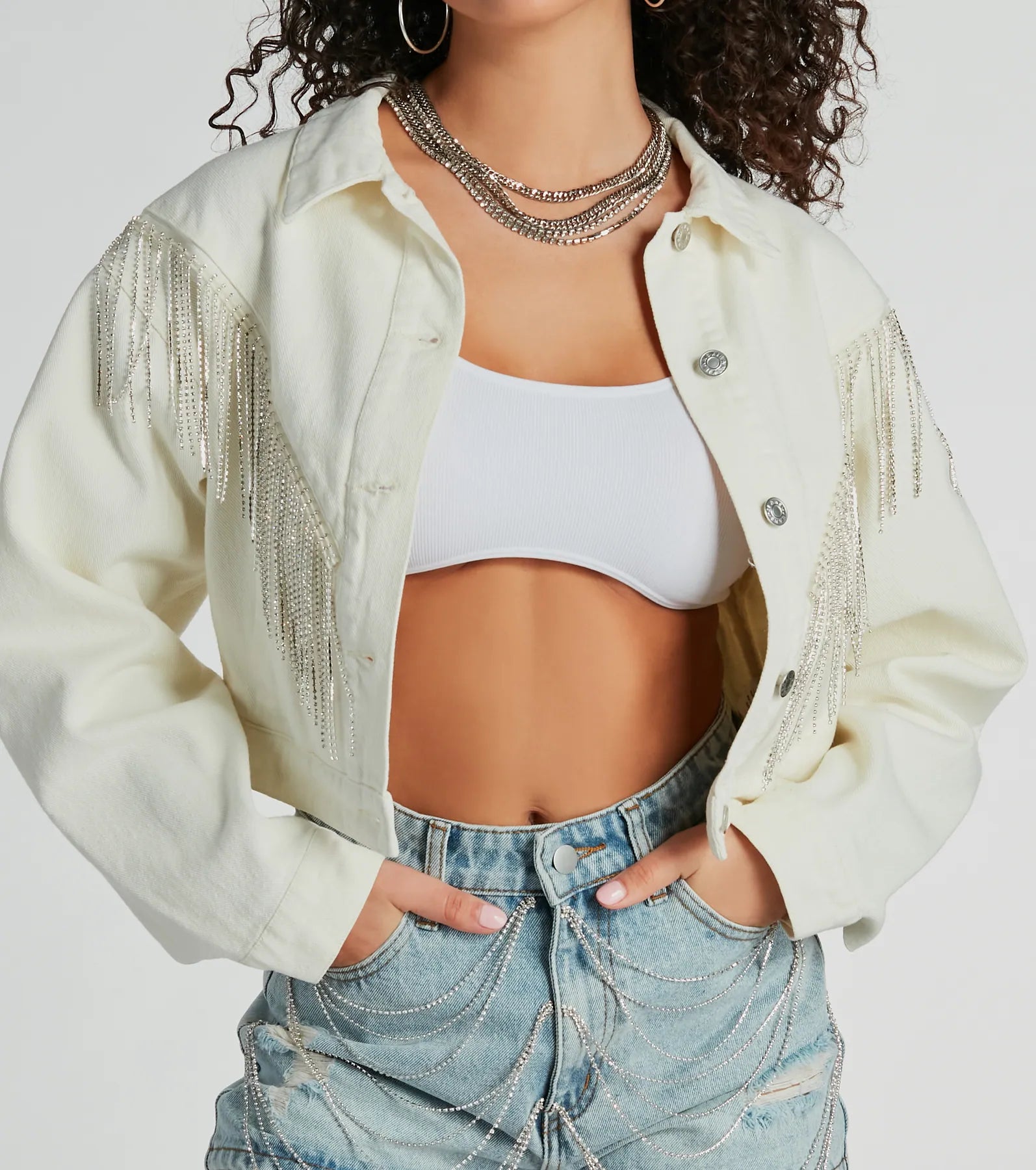 Rocker-Chic Rhinestone Fringe Denim Jacket - Image 4