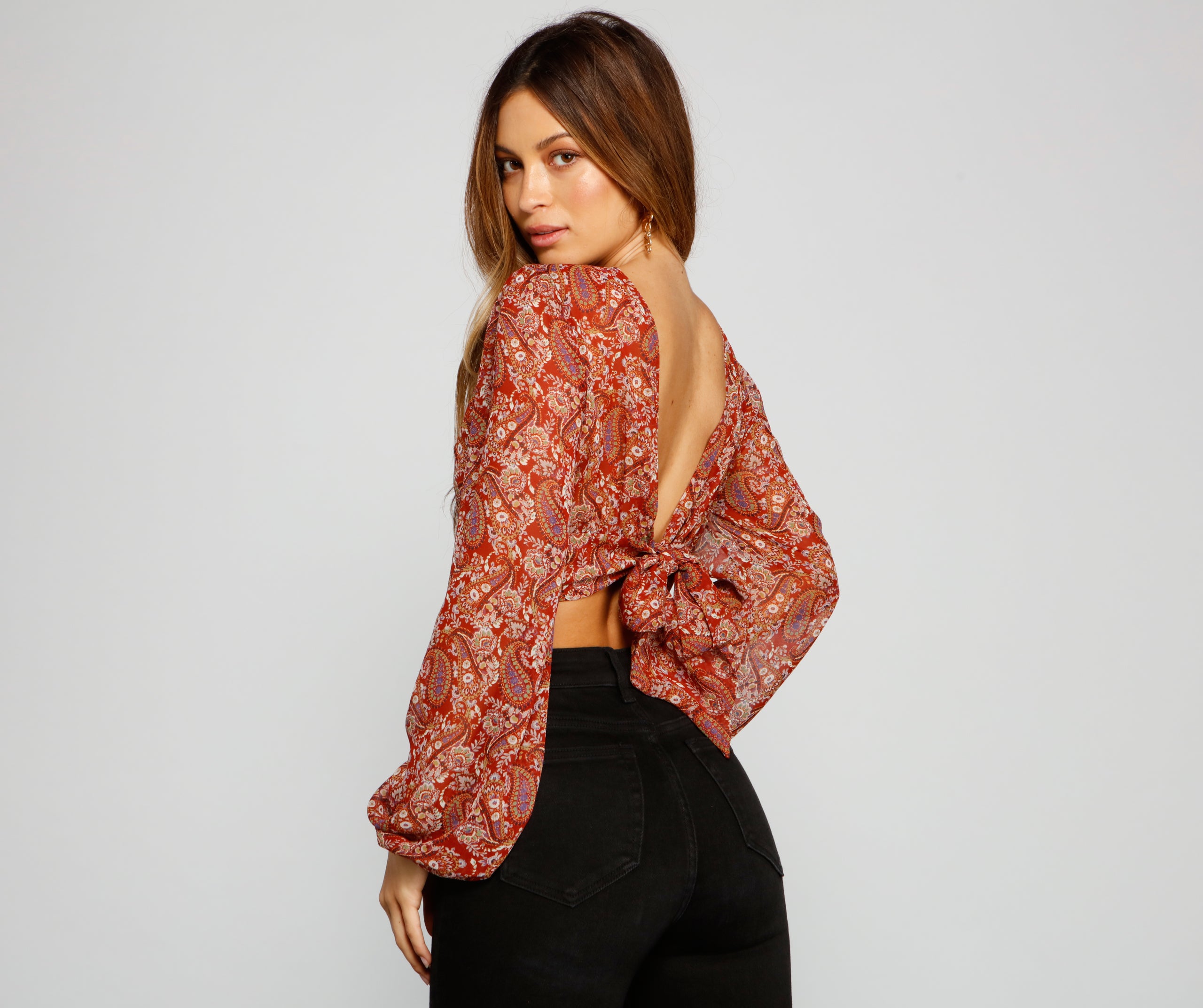 Retro Babe Chiffon Paisley Print Tie-Front Blouse - Image 6