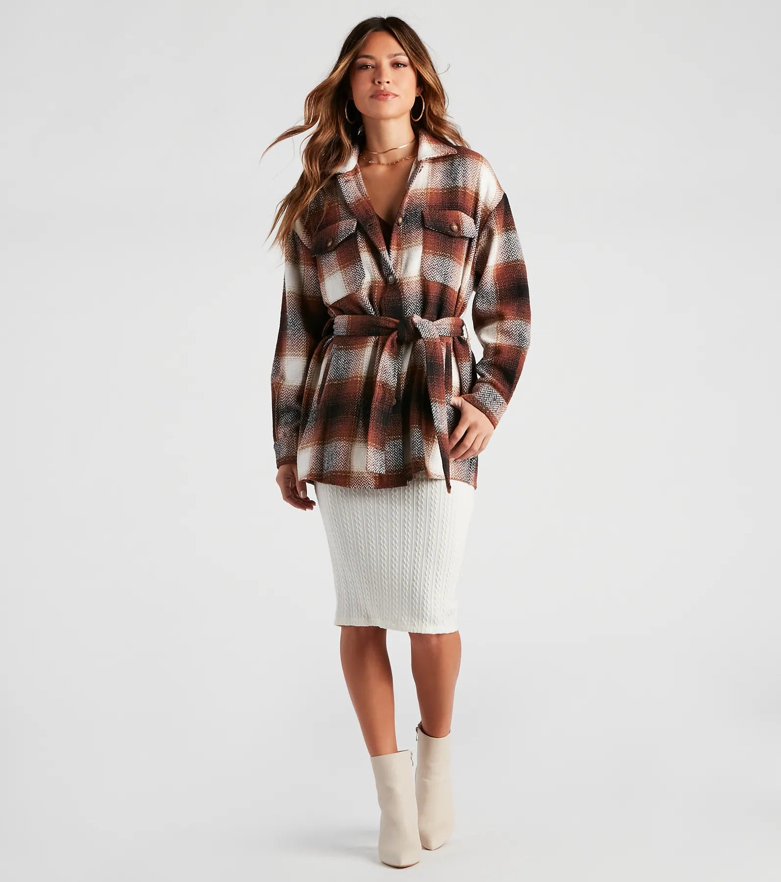 Cozy Fall Vibes Belted Plaid Shacket - Image 3