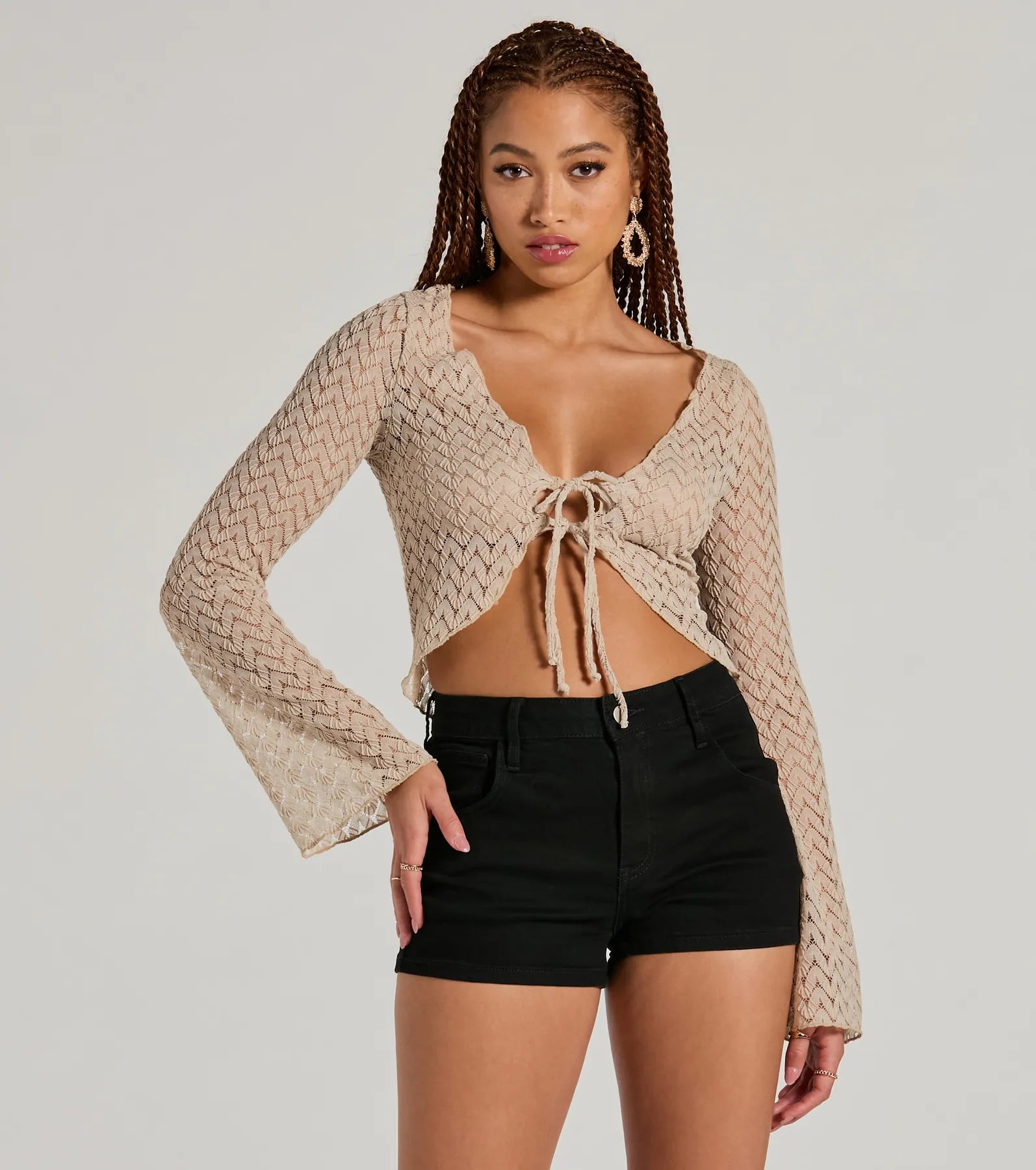 Cabana Honey Tie Front Crochet Crop Sweater - Image 5