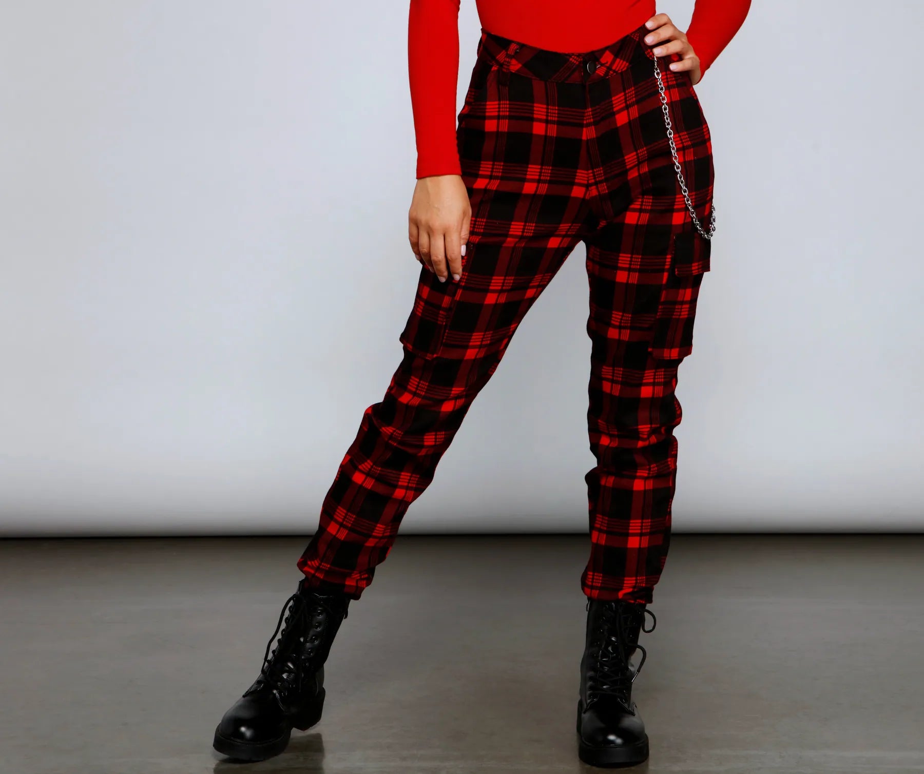 High Waist Plaid Joggers With Chain - Image 5