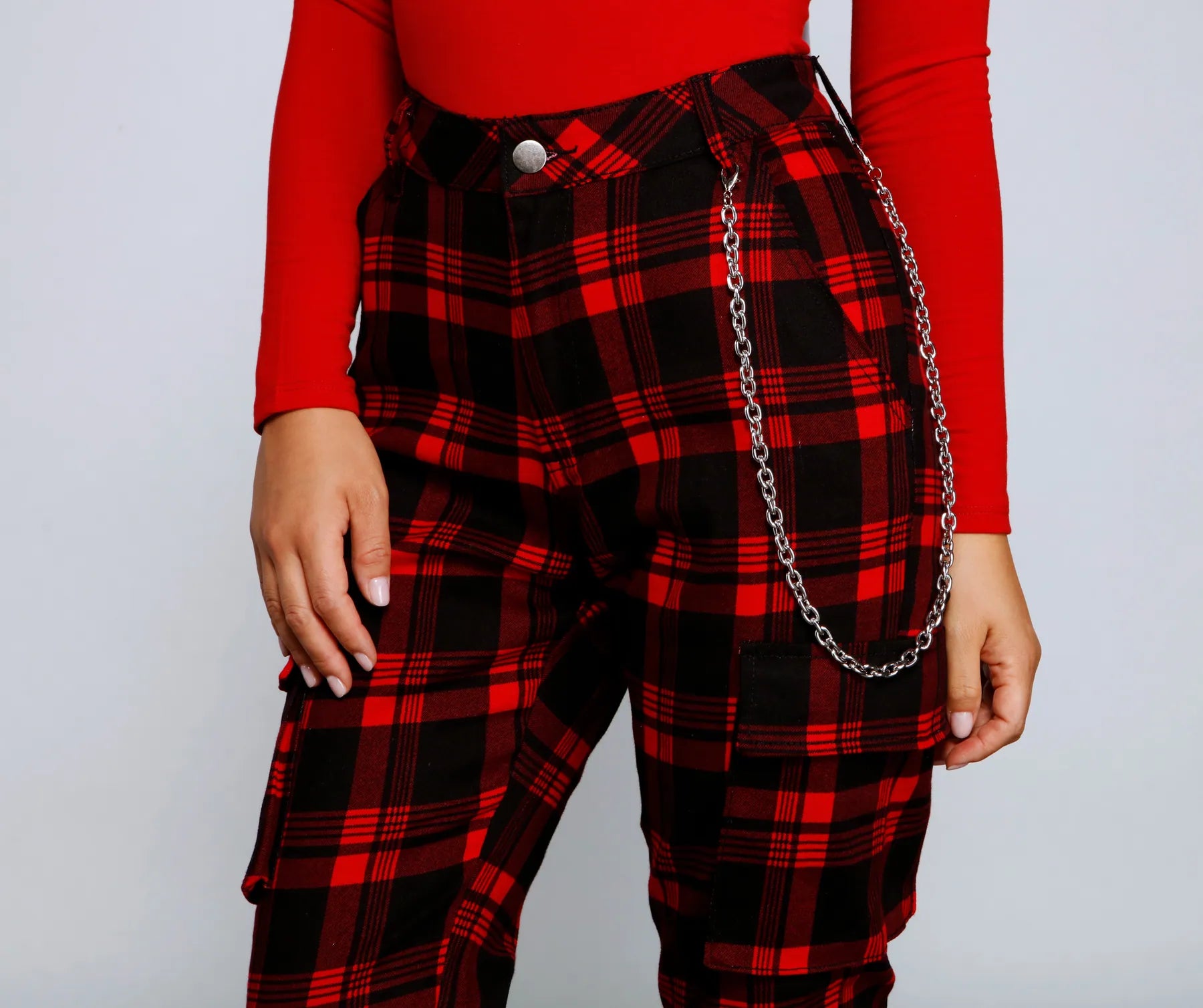 High Waist Plaid Joggers With Chain - Image 7