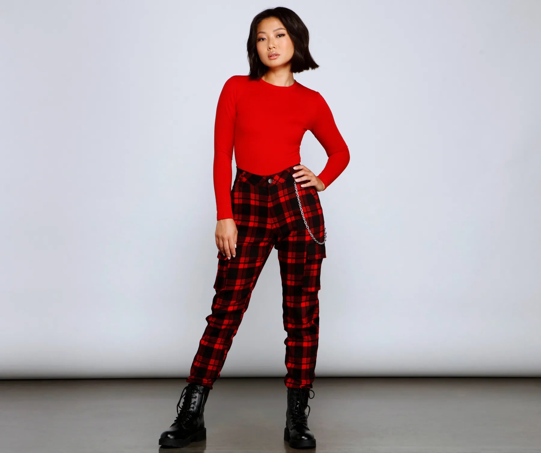 High Waist Plaid Joggers With Chain - Image 8