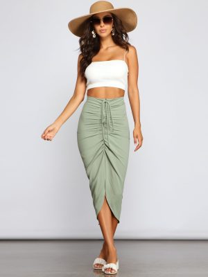 High-Rise Drama Ruched Midi Skirt