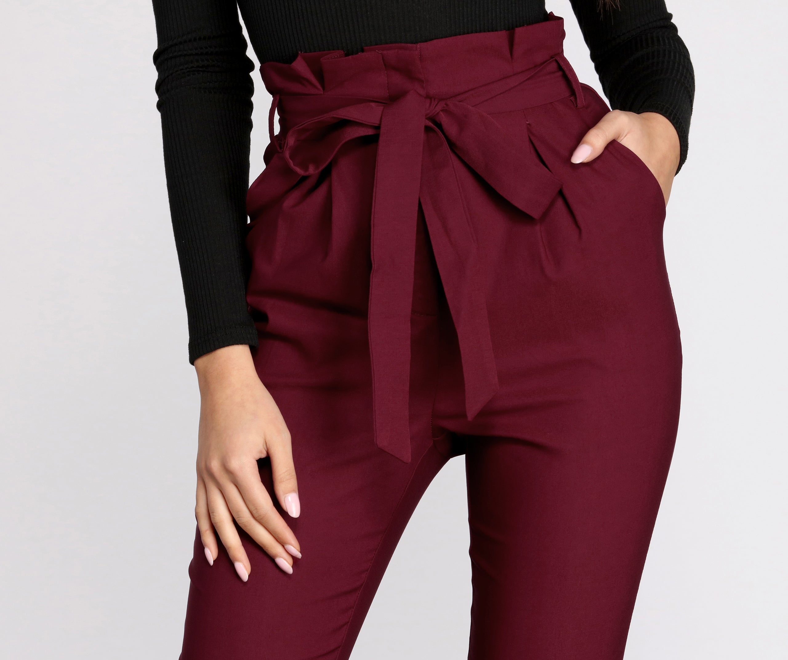 High Rise Tie Front Paper Bag Skinny Pants - Image 8