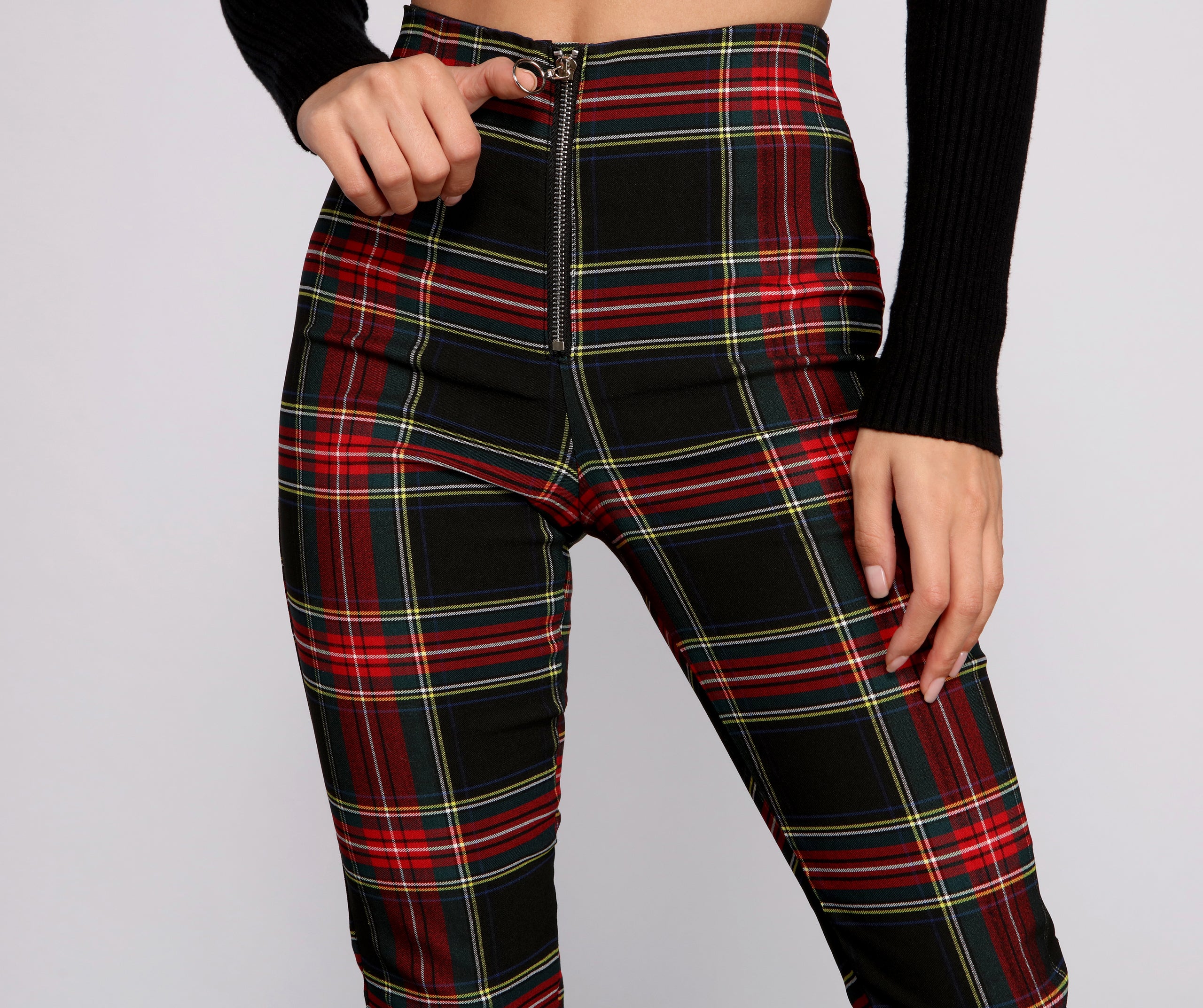 High Waist Plaid Zip Front Pants - Image 3