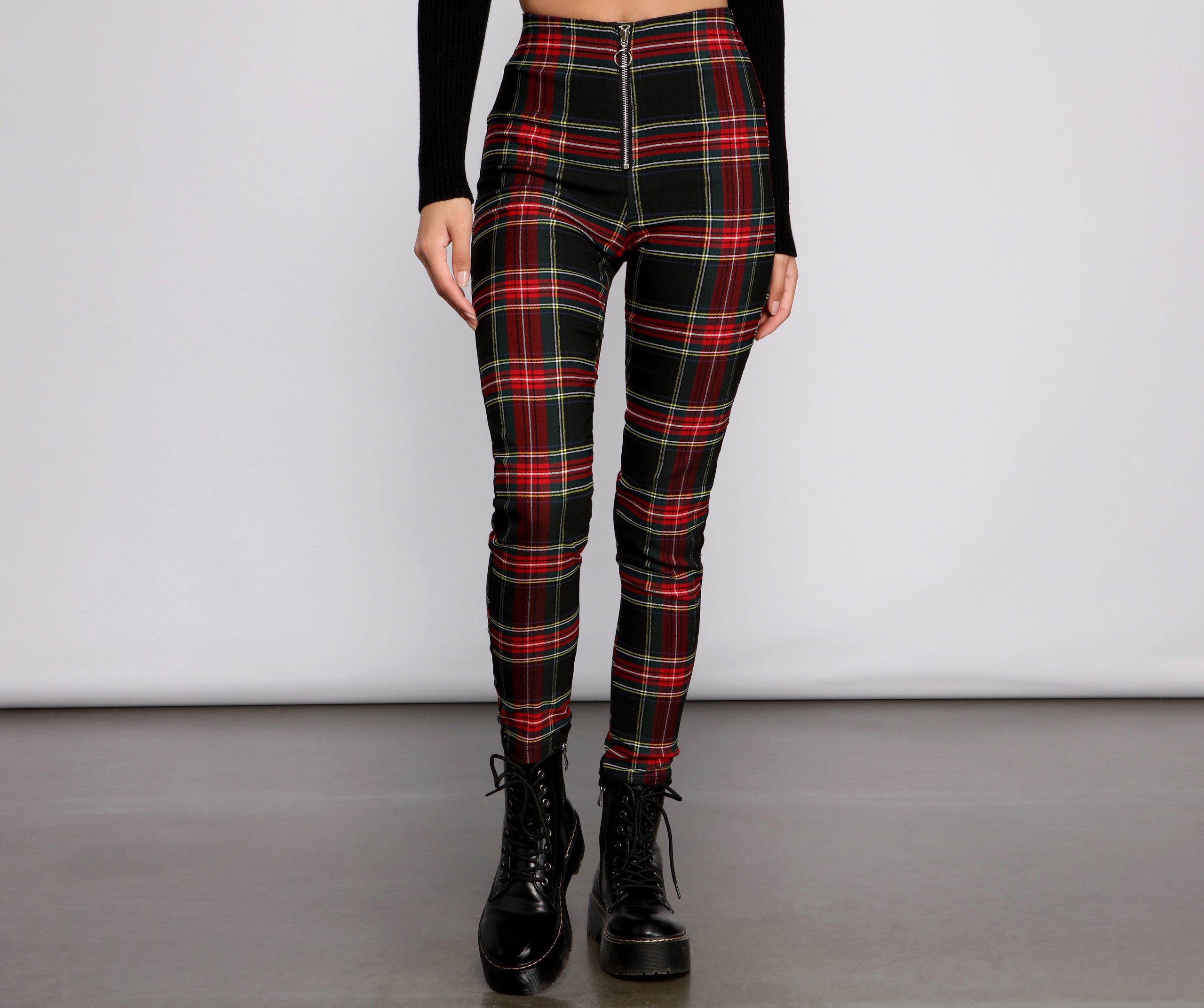 High Waist Plaid Zip Front Pants - Image 4