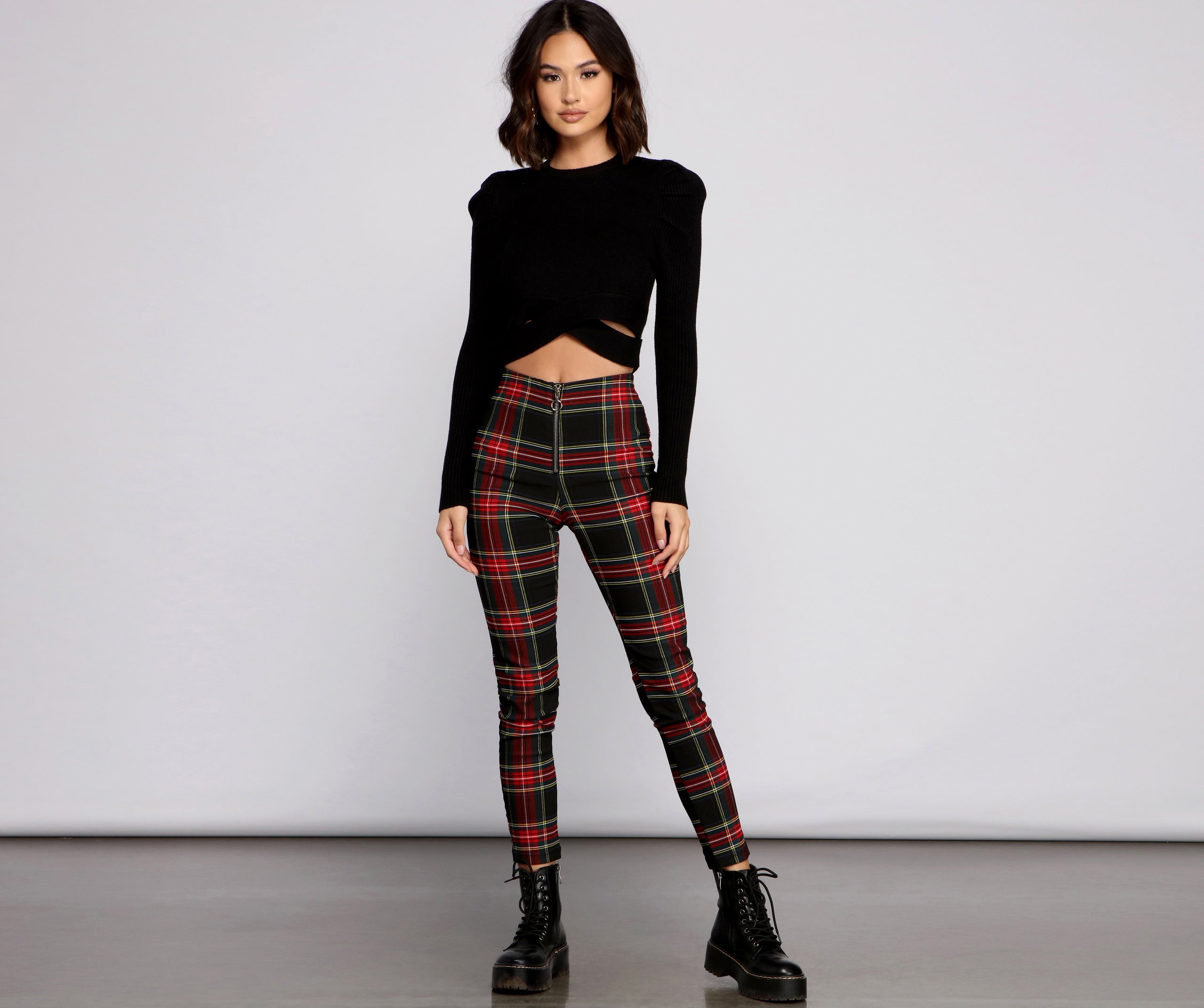 High Waist Plaid Zip Front Pants - Image 5