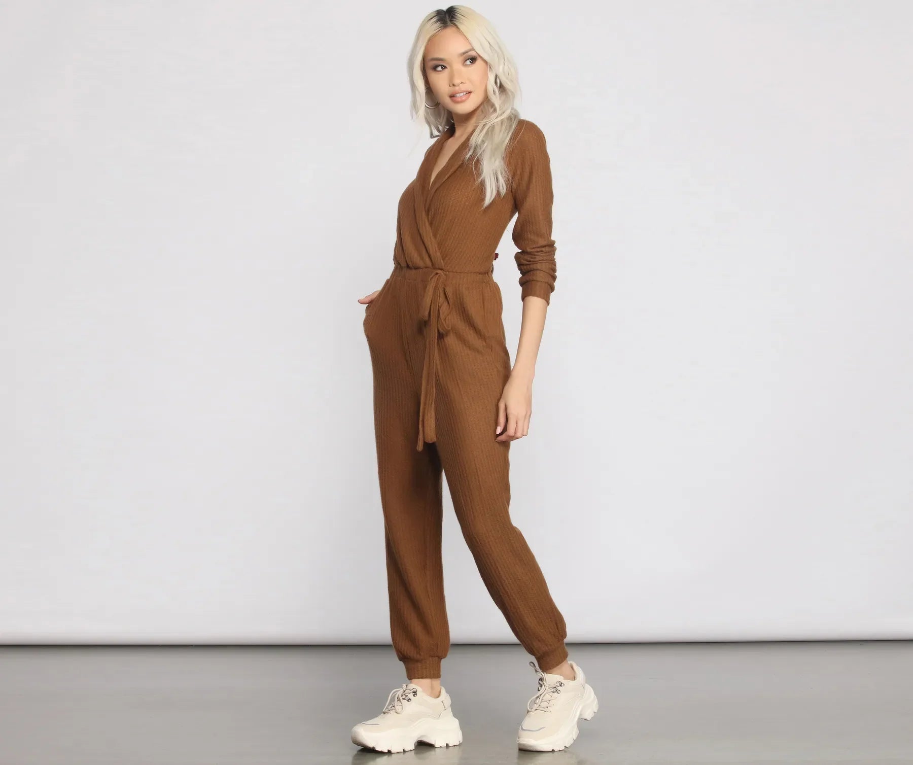 Cozy and Chic Ribbed Surplice Jogger Jumpsuit - Image 5