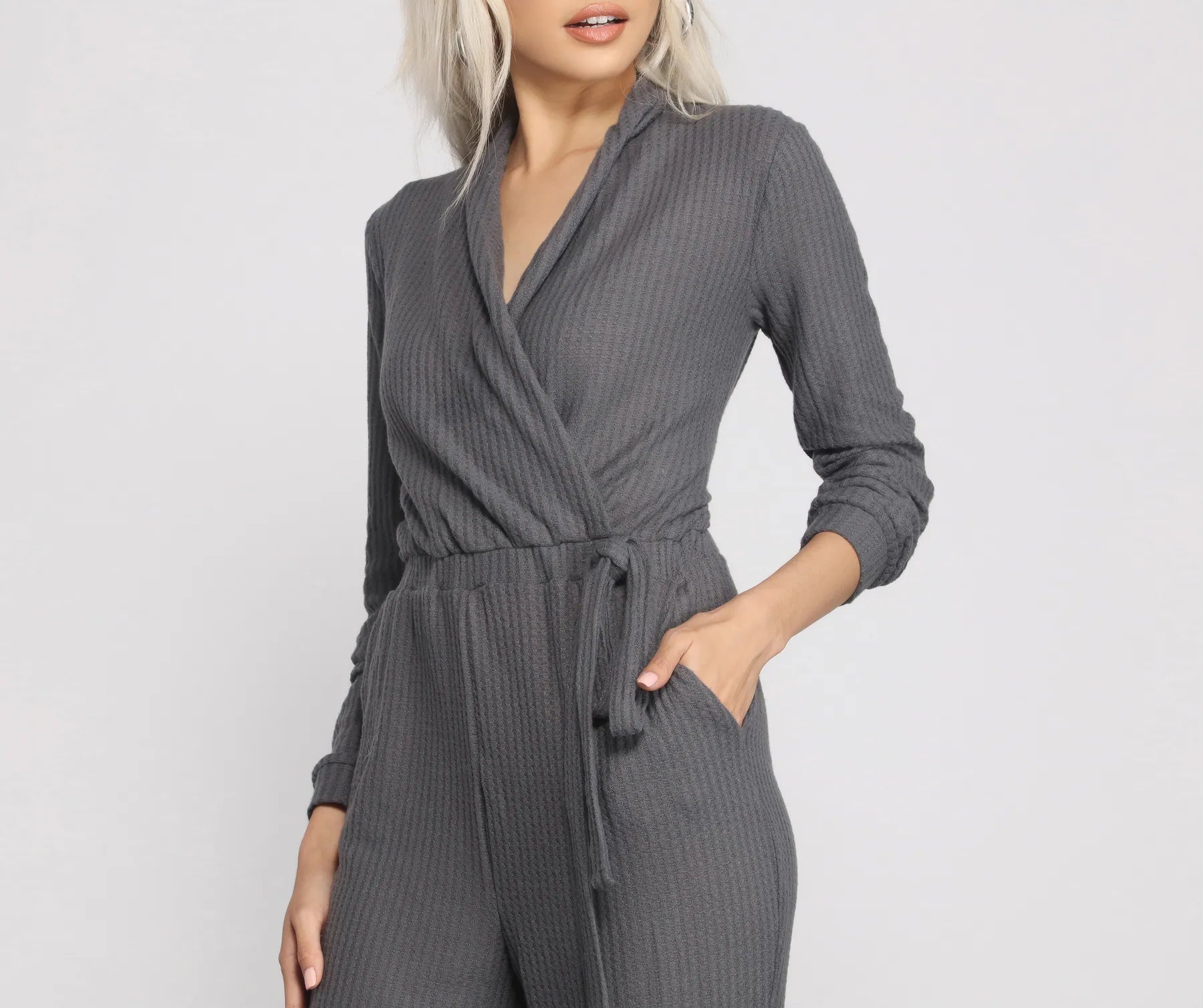 Cozy and Chic Ribbed Surplice Jogger Jumpsuit - Image 3