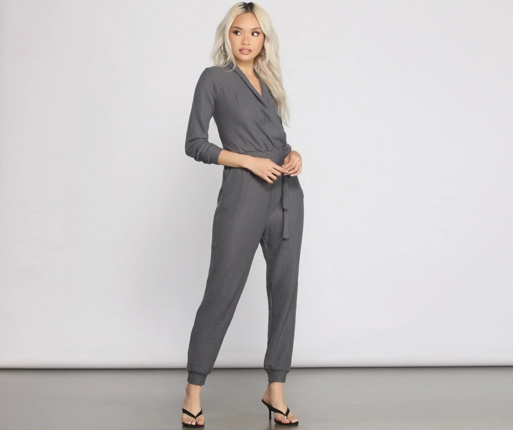Cozy and Chic Ribbed Surplice Jogger Jumpsuit - Image 4