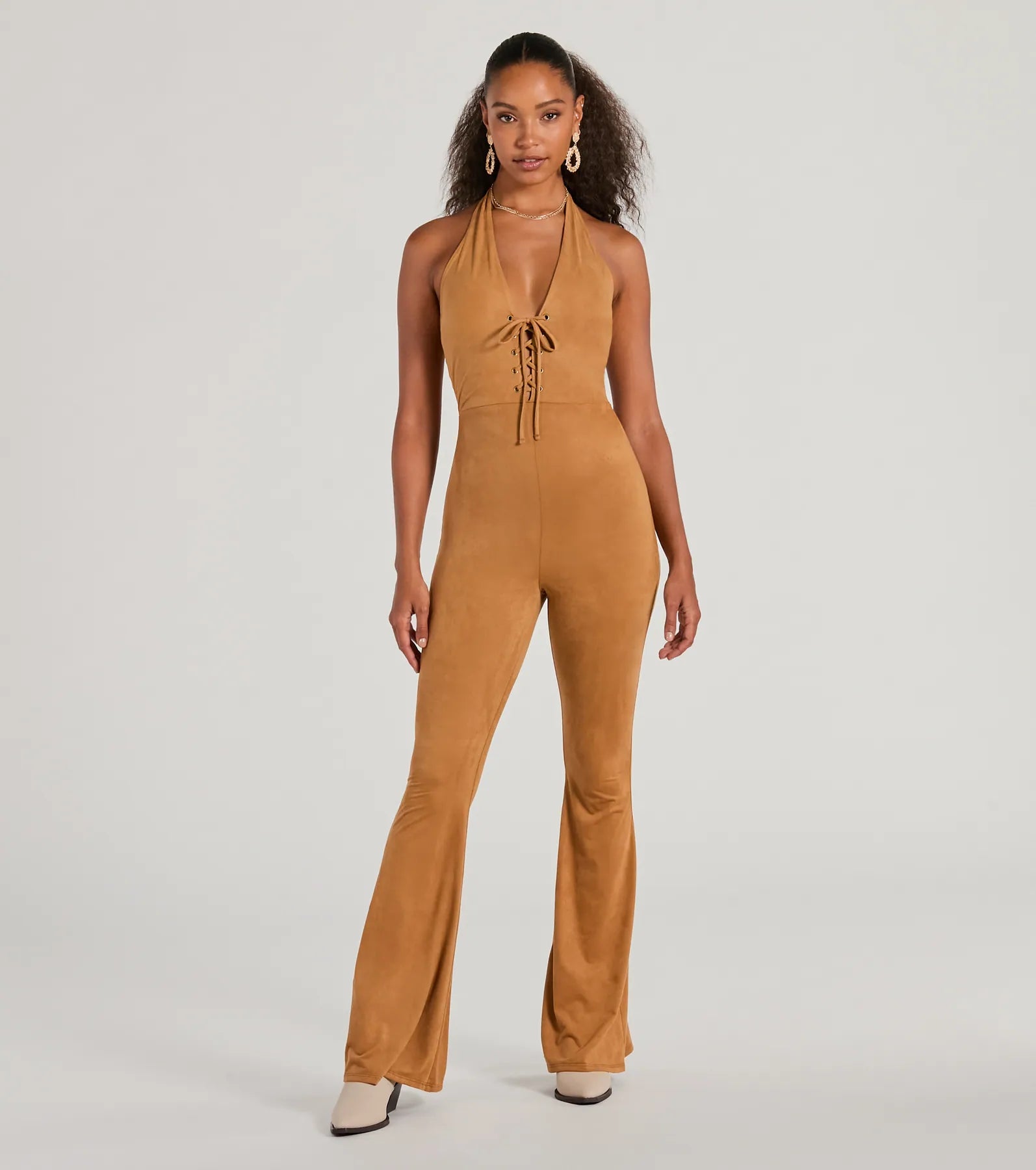 Eyes On Me Lace-Up Flare Faux Suede Jumpsuit - Image 5