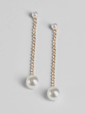 Simply Elegant Pearl And Rhinestone Drop Earrings