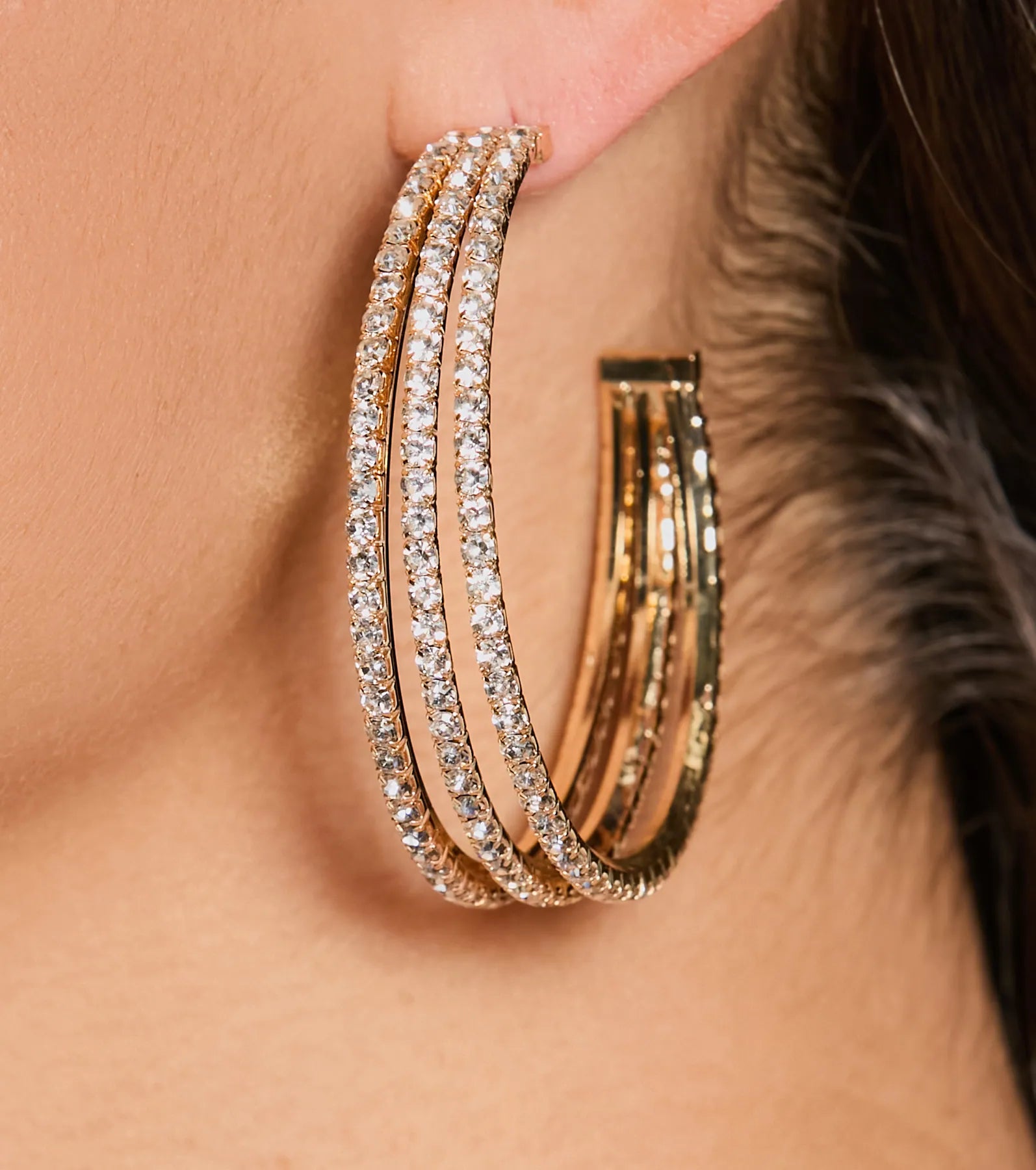 Simply Elegant Rhinestone Triple Hoop Earrings - Image 2