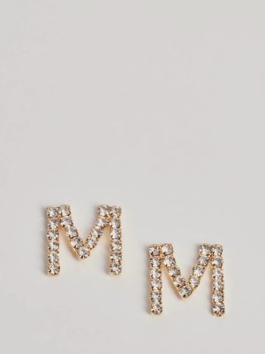 M Initial Rhinestone Stud Earrings