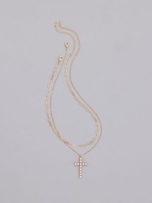 Devoted Love Faux Pearl Cross Chain Necklace