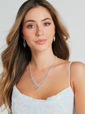 Iridescent Shine Rhinestone Necklace And Earrings Set