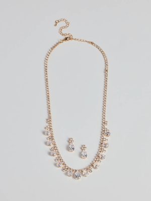 Glitzy Teardrop Rhinestone Necklace And Earrings Set
