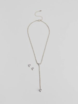 Simple Glitz Rhinestone Lariat Necklace And Stud Earrings Set
