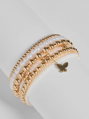 Butterfly Charm Faux Pearl Stretch Bracelet Set