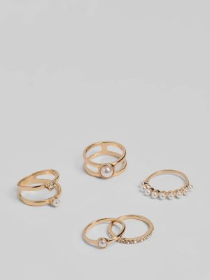 So Polished Faux Pearl Five Pack Ring Set