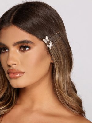 Two Pack Rhinestone Butterfly Bobby Pins
