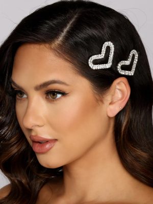 Rhinestone Heart Hair Pin Two Pack