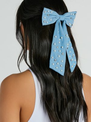 Finishing Look Faux Pearl Denim Hair Bow Barrette