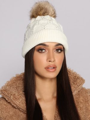 Chilly Day Rhinestone and Pom Knit Beanie