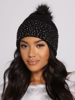 Rhinestone Glamour Pom Knit Beanie