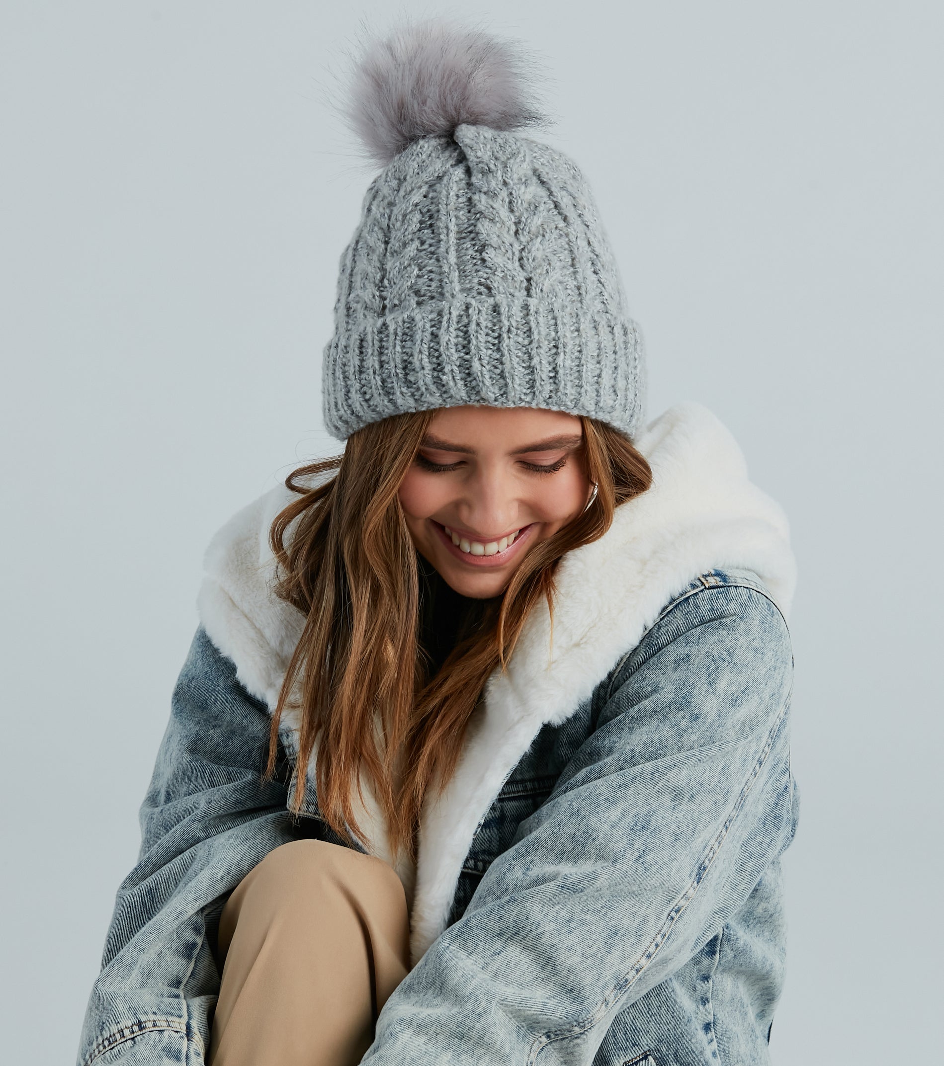 Snow Business Cable Knit Faux Fur Pom Beanie - Image 2