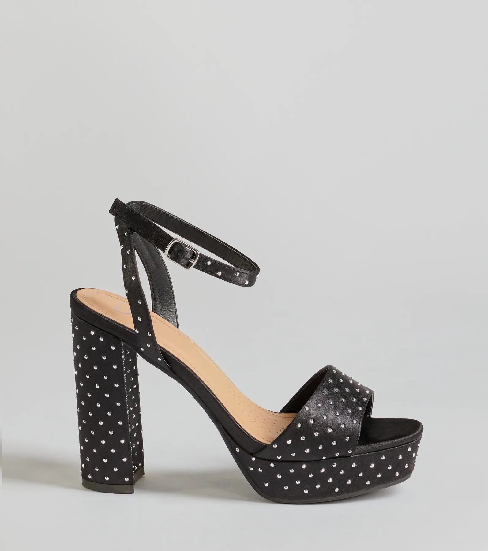 Dazzling Moments Rhinestone Platform Satin Block Heels - Image 2