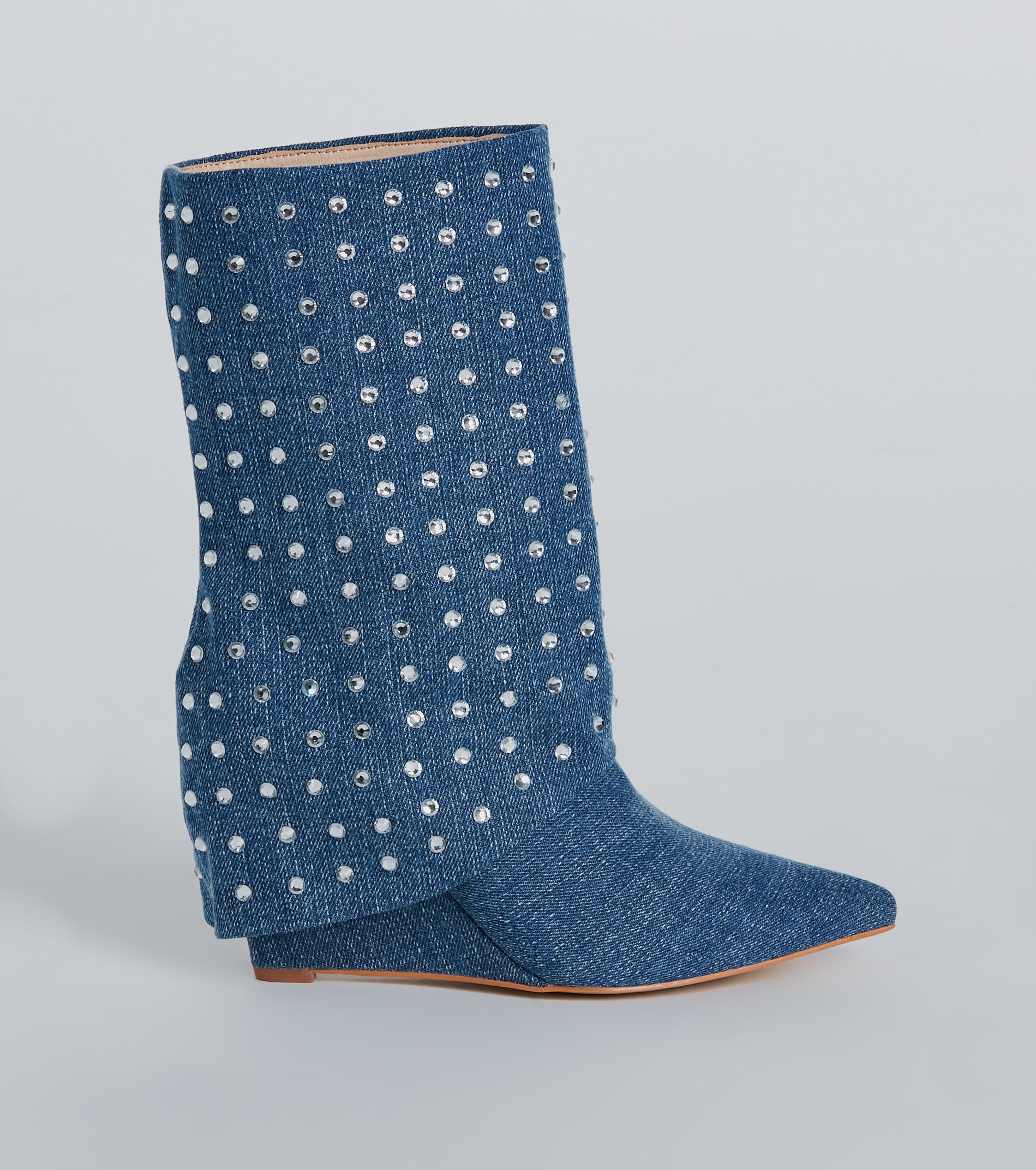 Fashion Diva Rhinestone Fold-Over Denim Boots - Image 2