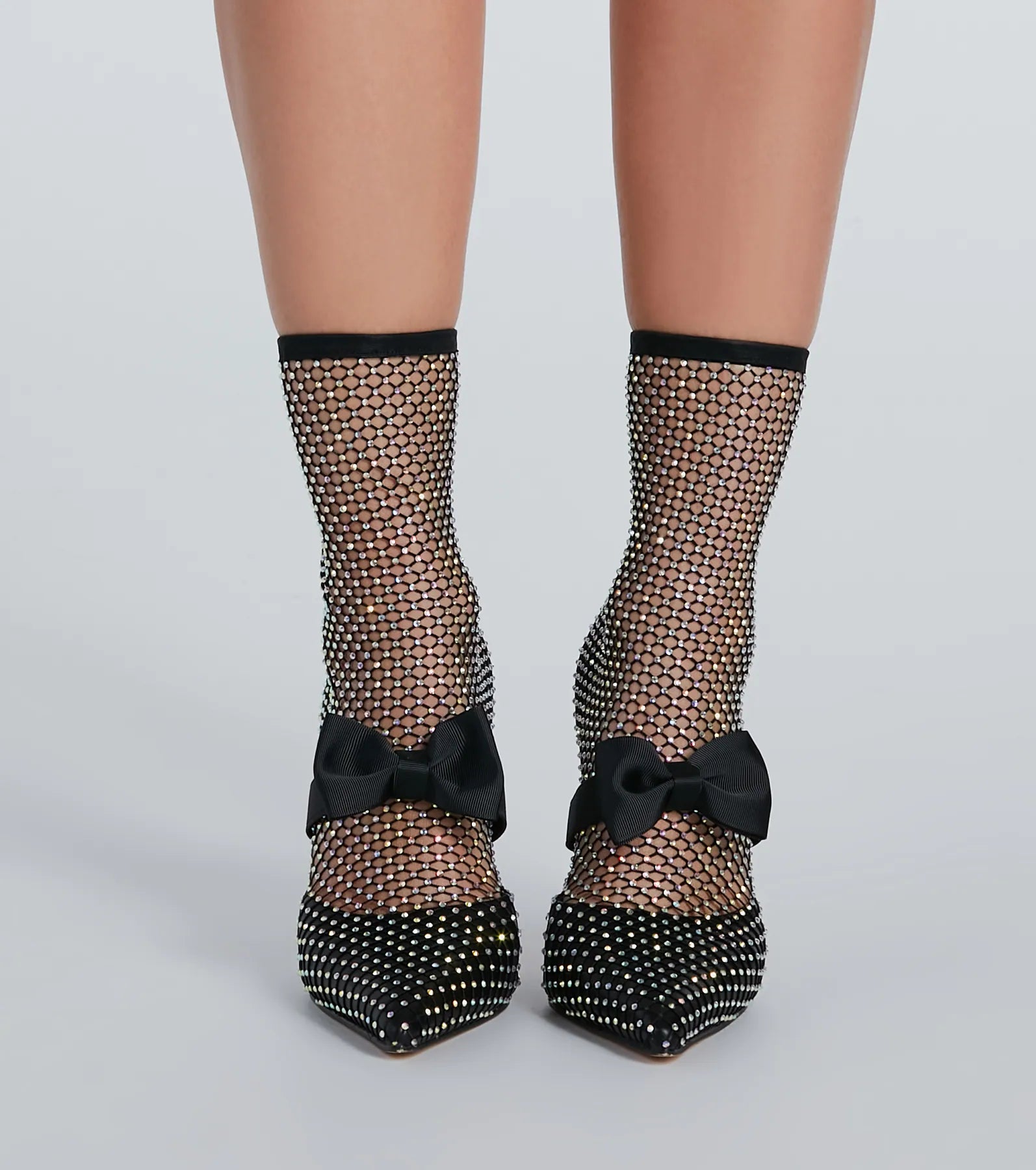 Model Strut Rhinestone Fishnet Stiletto Booties - Image 2