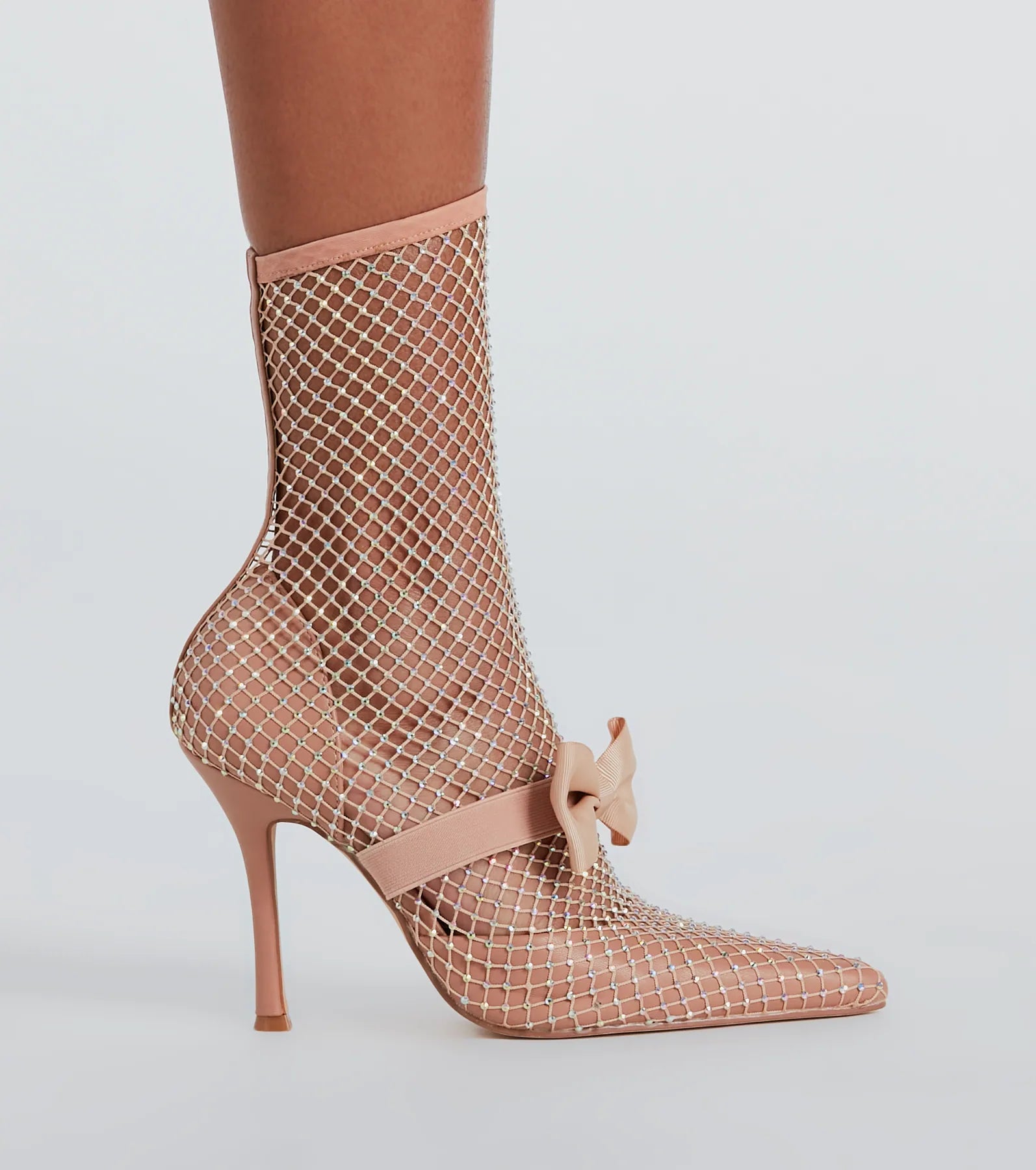 Model Strut Rhinestone Fishnet Stiletto Booties - Image 7